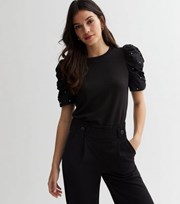 New Look Black Fine Knit Ruched Stud Sleeve Top